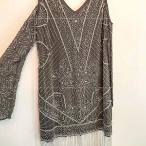 Frock and frill Formal Gatsby beaded Fringe Cold Shoulder Dress